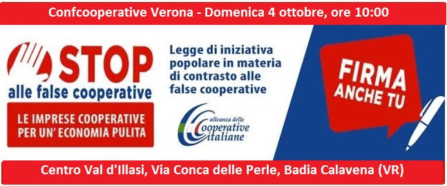 Confcooperative Verona organizza una raccolta firme per la legge d’iniziativa popolare di contrasto alle false cooperative a Badia Calavena, il 4 ottobre