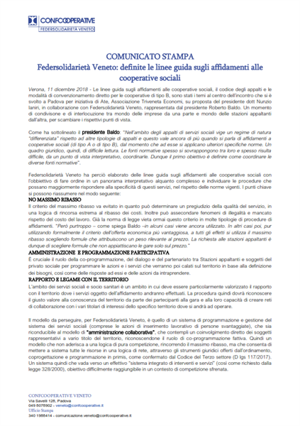 Federsolidarietà Veneto: definite le Linee Guida sugli affidamenti alle cooperative sociali